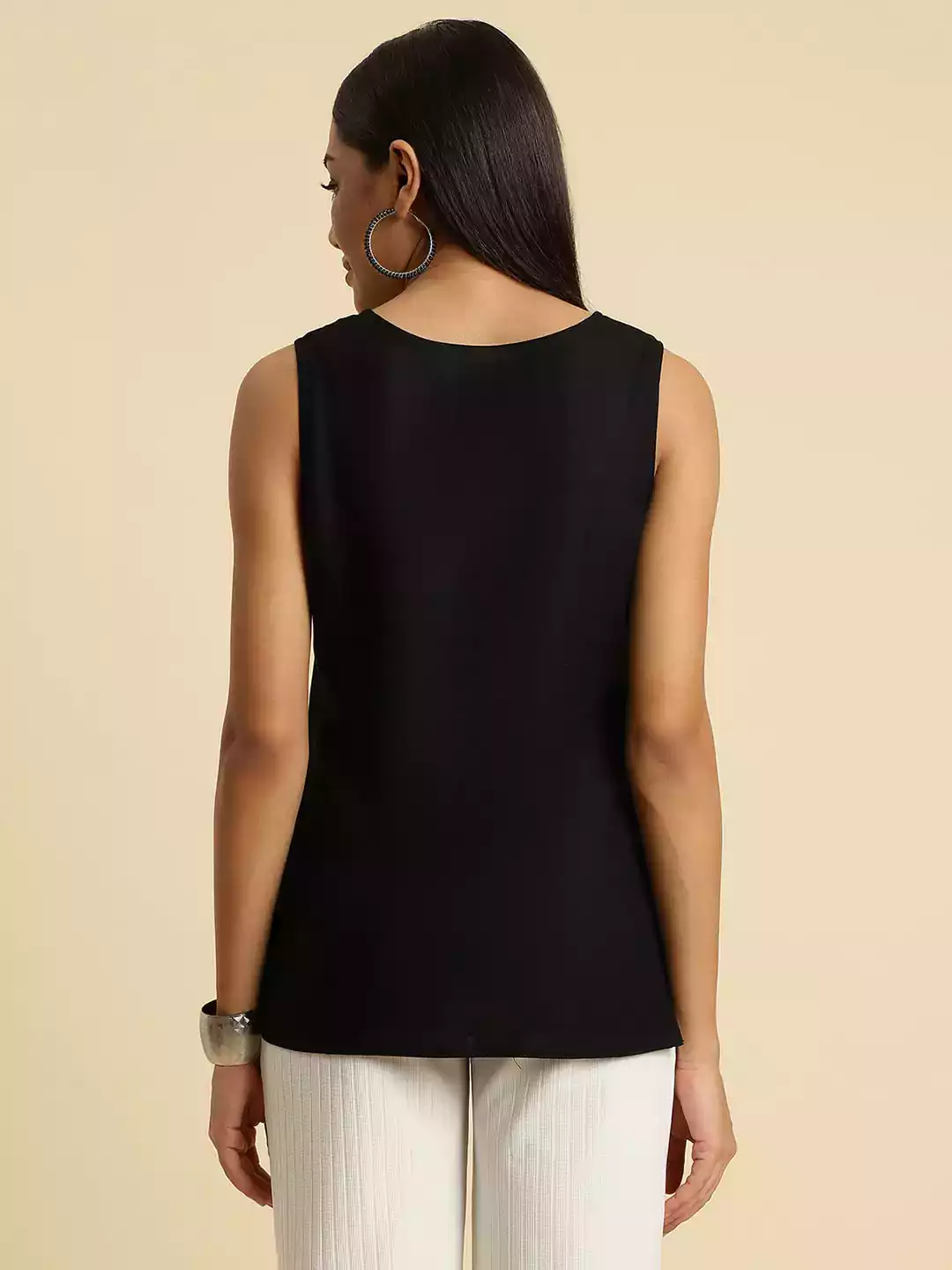 Black Self-Embroidered Sleeveless Short Kurti